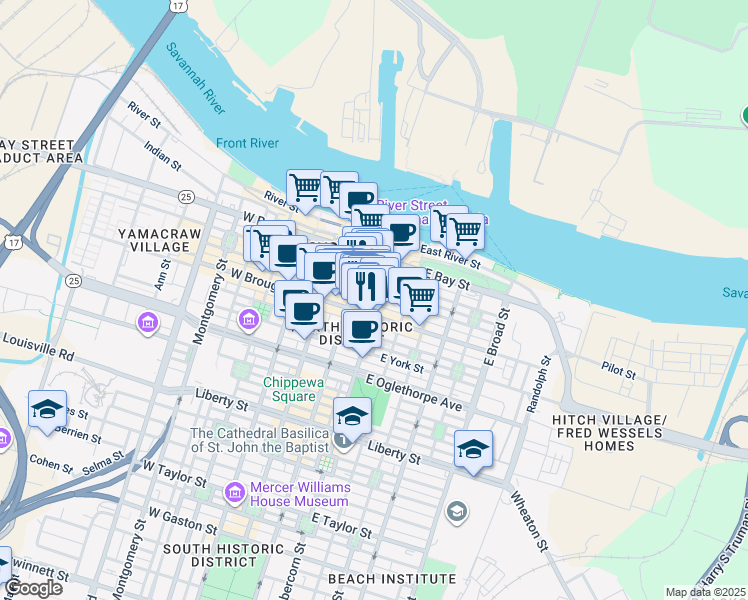 map of restaurants, bars, coffee shops, grocery stores, and more near 3044 East Saint Julian Street in Savannah