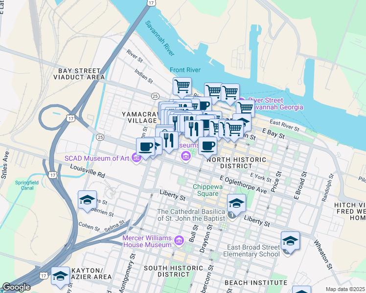 map of restaurants, bars, coffee shops, grocery stores, and more near 121 Barnard Street in Savannah