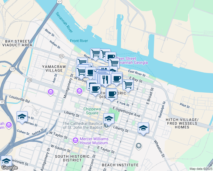 map of restaurants, bars, coffee shops, grocery stores, and more near 10 East Broughton Street in Savannah