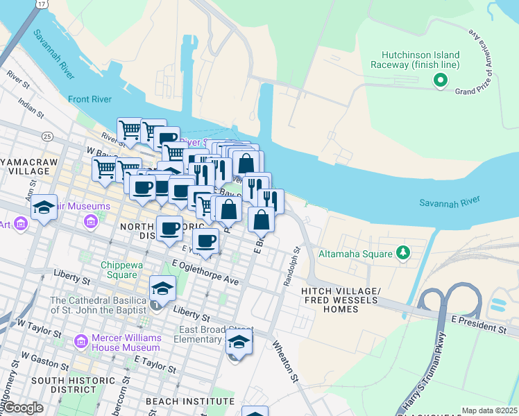 map of restaurants, bars, coffee shops, grocery stores, and more near 601 East Bay Street in Savannah