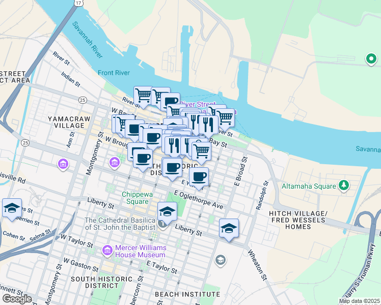 map of restaurants, bars, coffee shops, grocery stores, and more near 28 Abercorn Street in Savannah