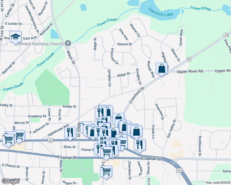 map of restaurants, bars, coffee shops, grocery stores, and more near 1102 Oglethorpe Avenue in Americus