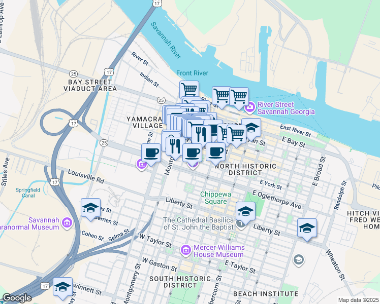 map of restaurants, bars, coffee shops, grocery stores, and more near in Savannah