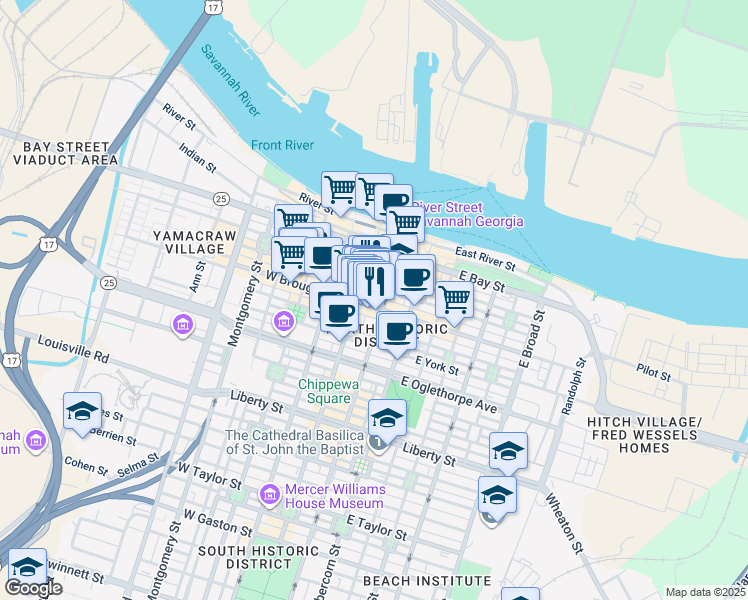 map of restaurants, bars, coffee shops, grocery stores, and more near 10 East Broughton Street in Savannah