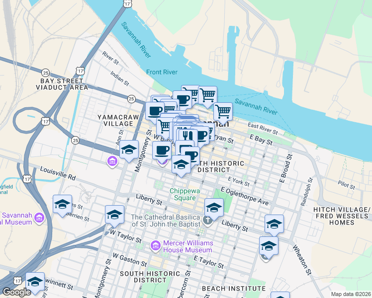 map of restaurants, bars, coffee shops, grocery stores, and more near 25 West Broughton Street in Savannah
