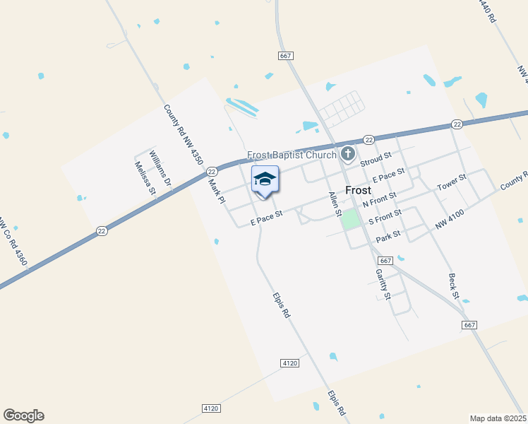 map of restaurants, bars, coffee shops, grocery stores, and more near 208 Wyrick Street in Frost