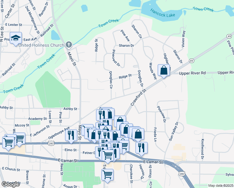 map of restaurants, bars, coffee shops, grocery stores, and more near 1102 Oglethorpe Avenue in Americus