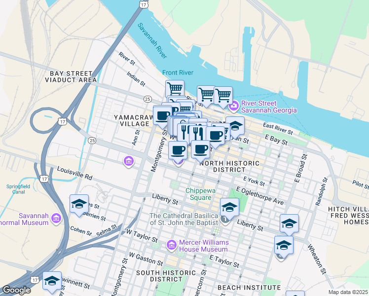 map of restaurants, bars, coffee shops, grocery stores, and more near 111 Barnard Street in Savannah