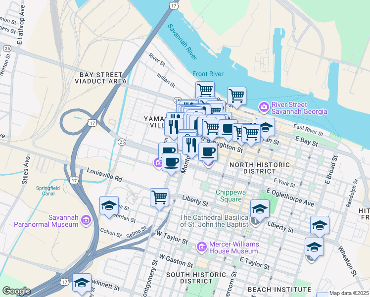 map of restaurants, bars, coffee shops, grocery stores, and more near 133 Montgomery Street in Savannah