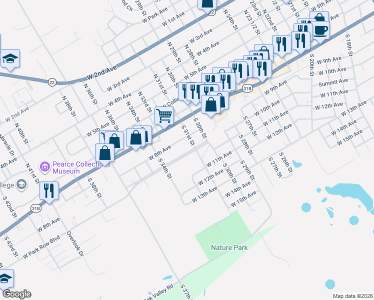 map of restaurants, bars, coffee shops, grocery stores, and more near 2212 West Park Row Boulevard in Corsicana