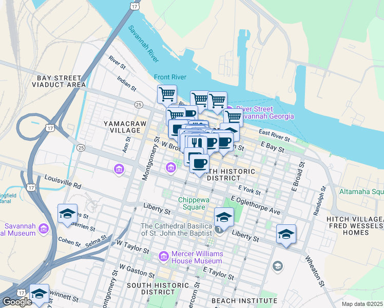 map of restaurants, bars, coffee shops, grocery stores, and more near 22 West Broughton Street in Savannah
