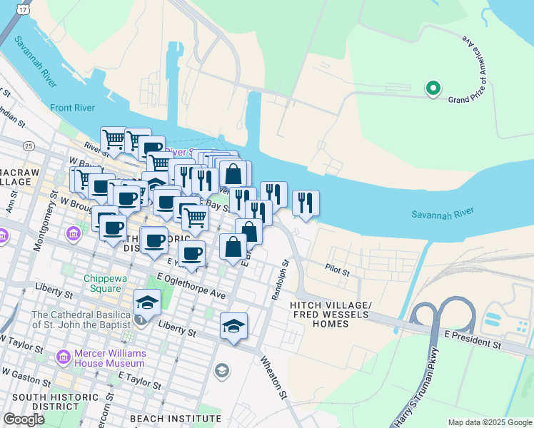 map of restaurants, bars, coffee shops, grocery stores, and more near 600 East Bay Street in Savannah