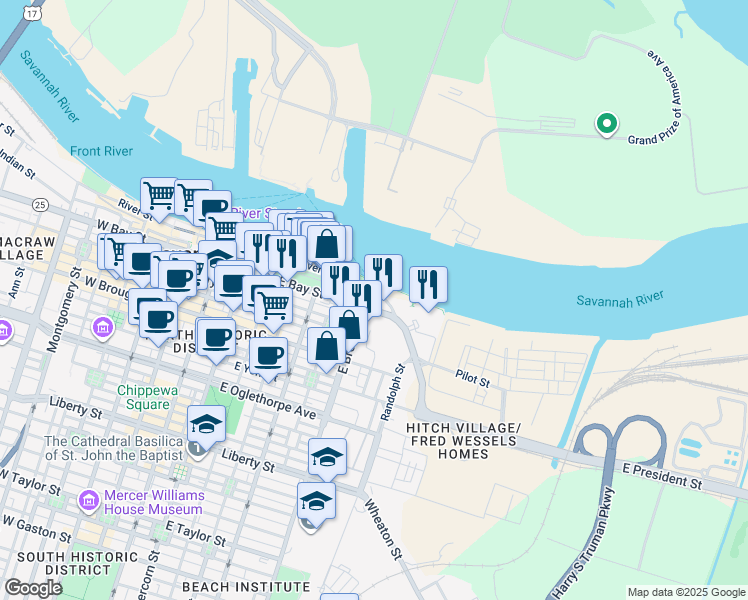 map of restaurants, bars, coffee shops, grocery stores, and more near 600 East Bay Street in Savannah