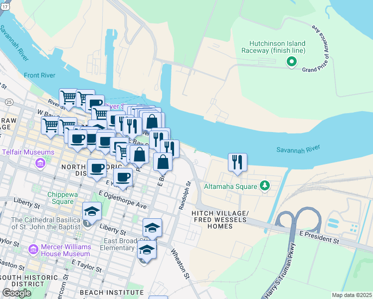 map of restaurants, bars, coffee shops, grocery stores, and more near 620 East River Street in Savannah