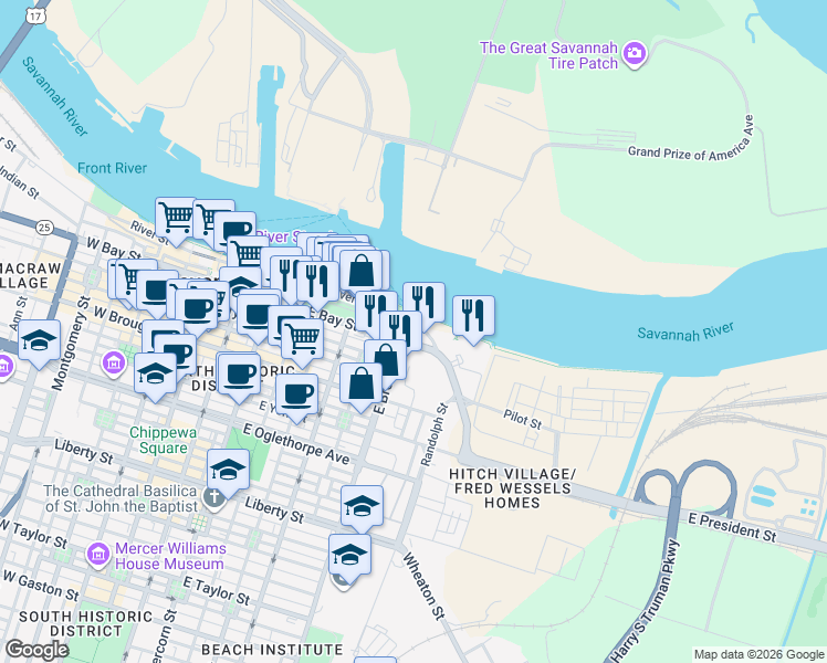 map of restaurants, bars, coffee shops, grocery stores, and more near 600 East Bay Street in Savannah