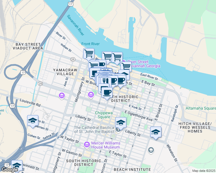 map of restaurants, bars, coffee shops, grocery stores, and more near 22 West Broughton Street in Savannah