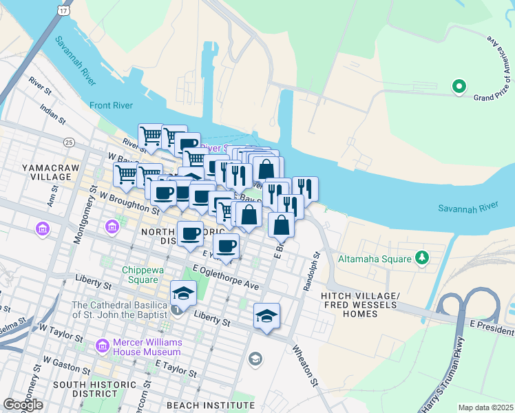 map of restaurants, bars, coffee shops, grocery stores, and more near 518 East Bryan Street in Savannah