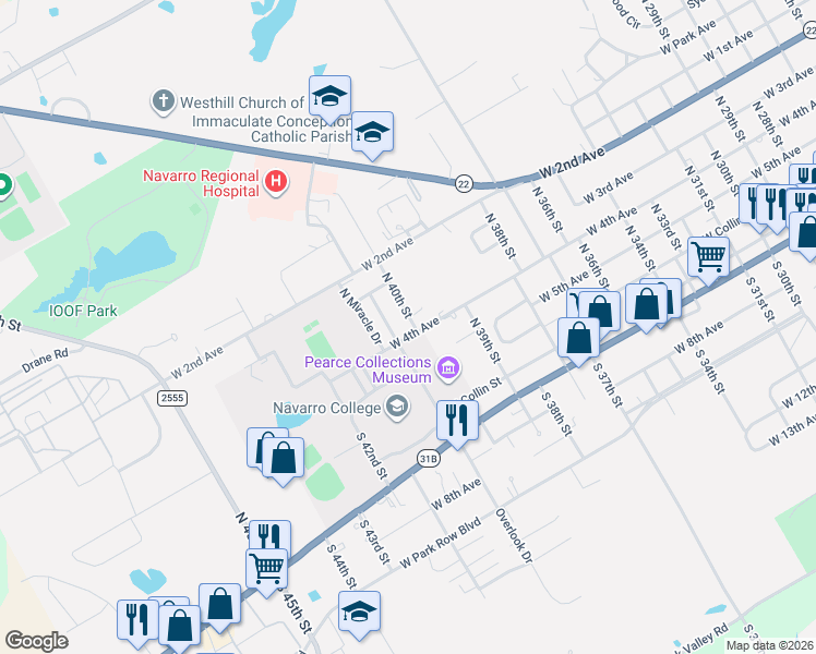 map of restaurants, bars, coffee shops, grocery stores, and more near 400 North 40th Street in Corsicana