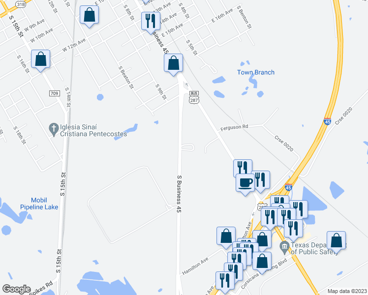 map of restaurants, bars, coffee shops, grocery stores, and more near 1801 South Business 45 in Corsicana