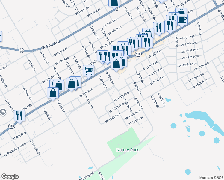 map of restaurants, bars, coffee shops, grocery stores, and more near 2109 West Park Row Boulevard in Corsicana