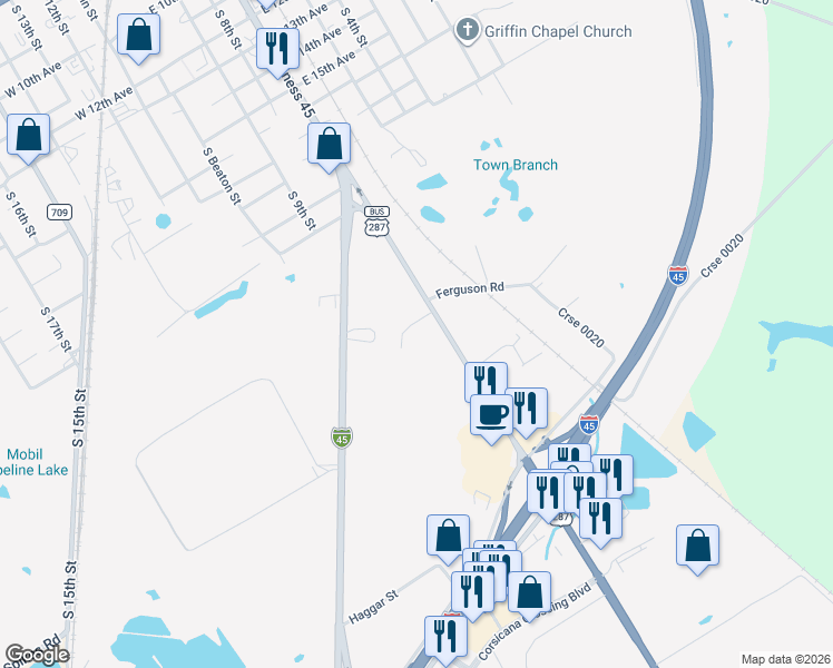 map of restaurants, bars, coffee shops, grocery stores, and more near 343 Southeast Drive in Corsicana