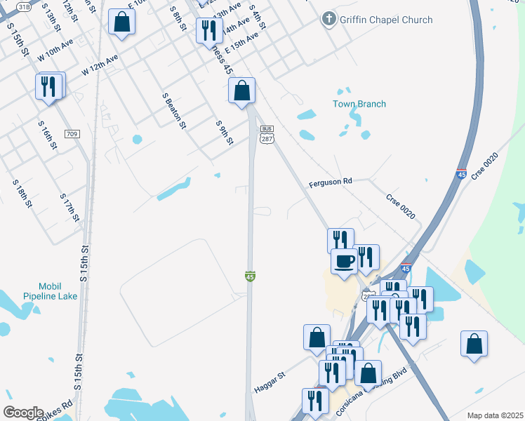 map of restaurants, bars, coffee shops, grocery stores, and more near 1801 Interstate 45 Business Loop in Corsicana