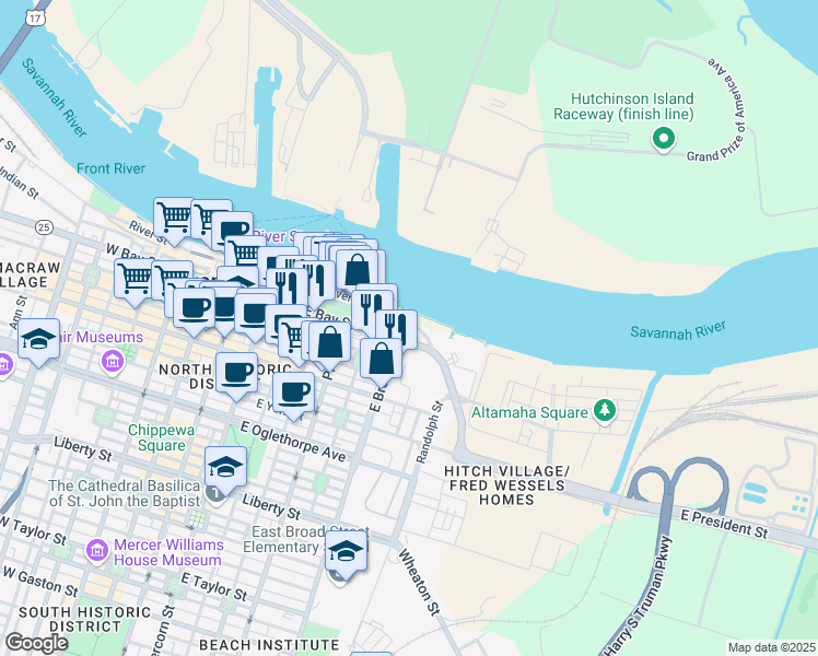 map of restaurants, bars, coffee shops, grocery stores, and more near 601 East Bay Street in Savannah