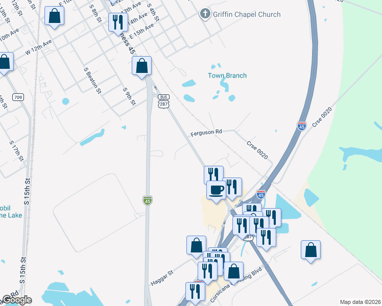 map of restaurants, bars, coffee shops, grocery stores, and more near 343 Southeast Drive in Corsicana