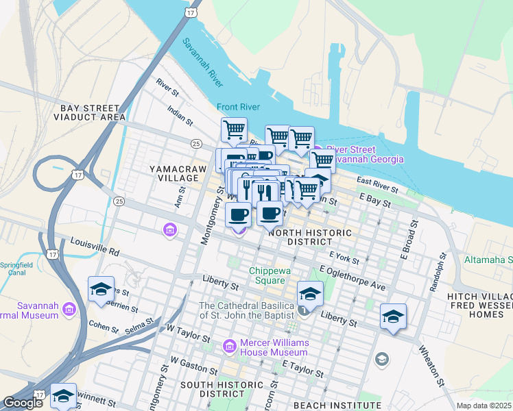 map of restaurants, bars, coffee shops, grocery stores, and more near 16 Barnard Street in Savannah