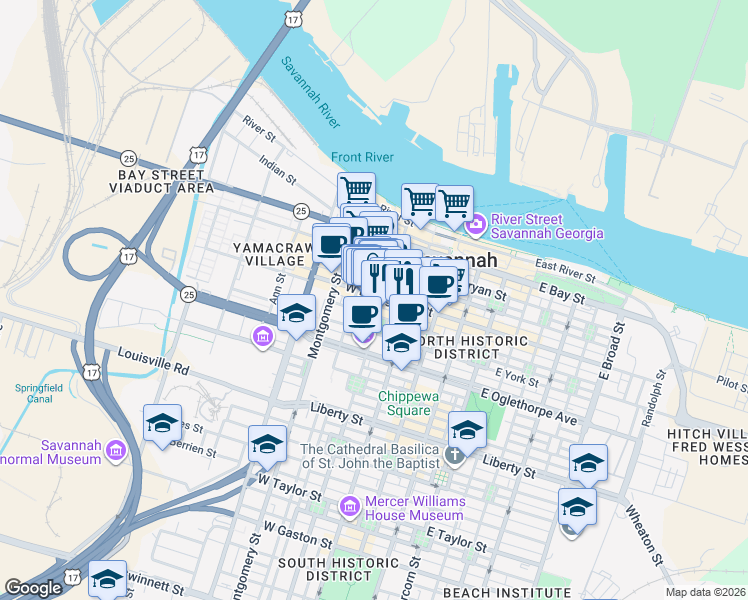 map of restaurants, bars, coffee shops, grocery stores, and more near 16 Barnard Street in Savannah