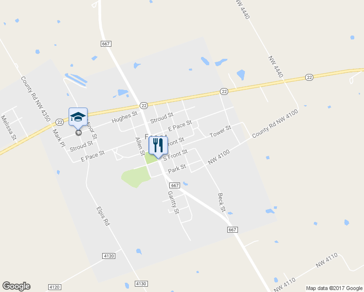 map of restaurants, bars, coffee shops, grocery stores, and more near 510 Tower Street in Frost