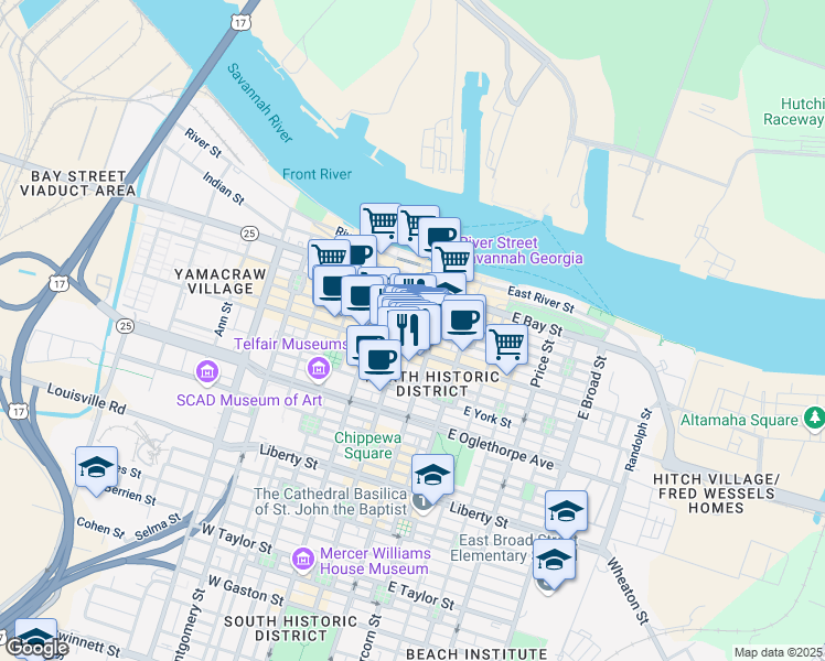 map of restaurants, bars, coffee shops, grocery stores, and more near 7 East Congress Street in Savannah