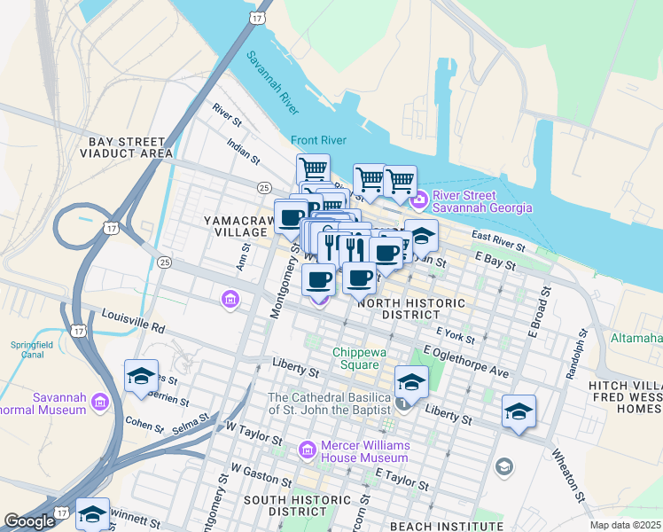 map of restaurants, bars, coffee shops, grocery stores, and more near 16 Barnard Street in Savannah