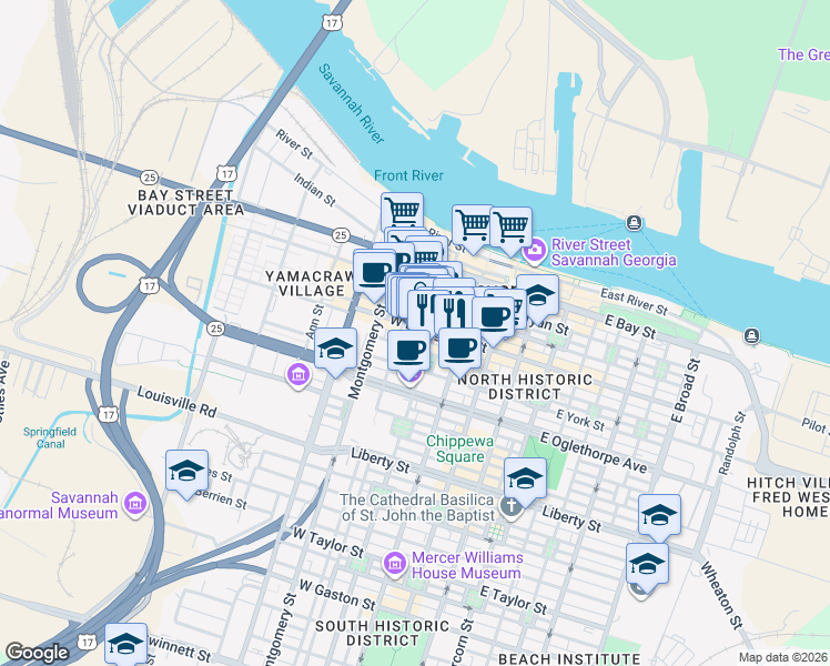 map of restaurants, bars, coffee shops, grocery stores, and more near 16 Barnard Street in Savannah