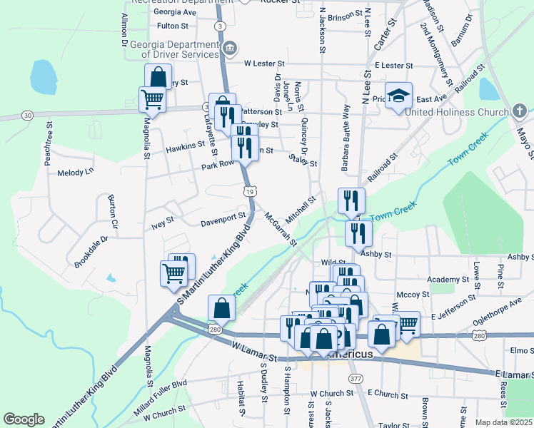 map of restaurants, bars, coffee shops, grocery stores, and more near 723 McGarrah Street in Americus