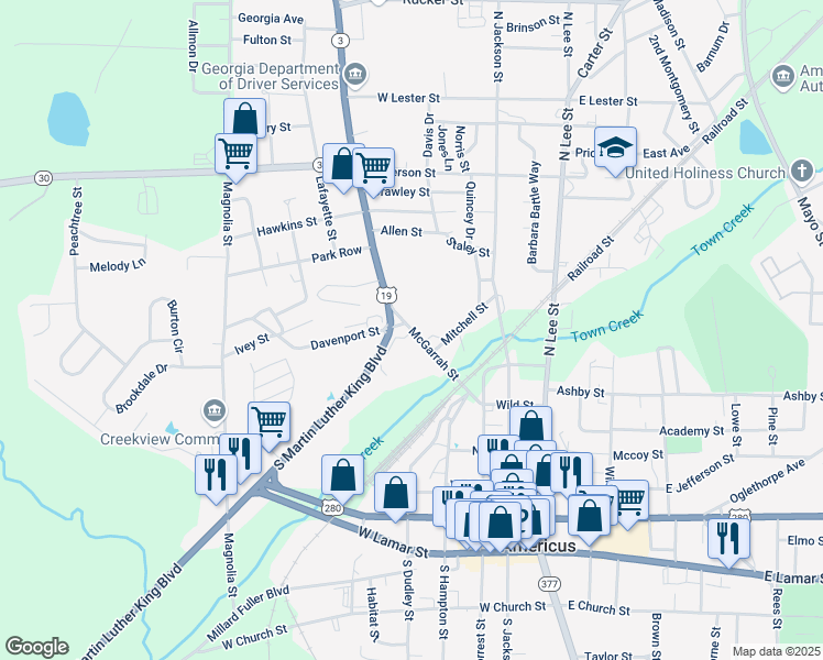map of restaurants, bars, coffee shops, grocery stores, and more near 723 McGarrah Street in Americus