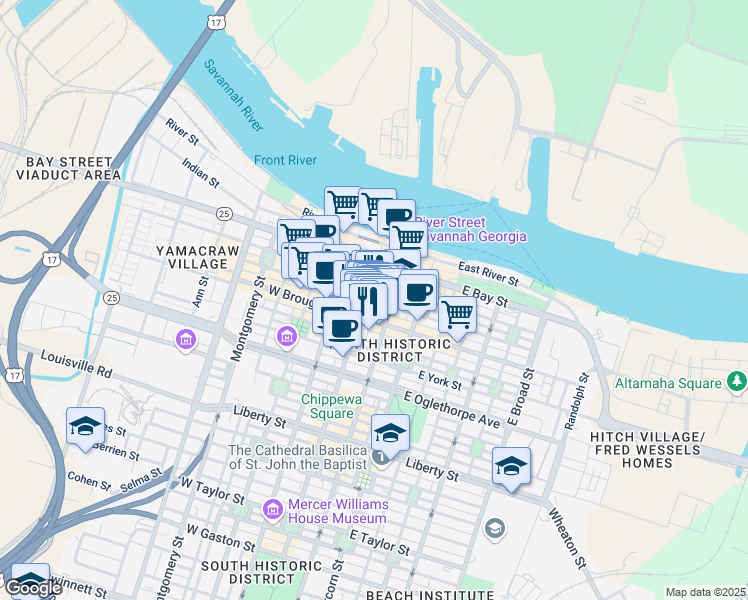 map of restaurants, bars, coffee shops, grocery stores, and more near 7 East Congress Street in Savannah