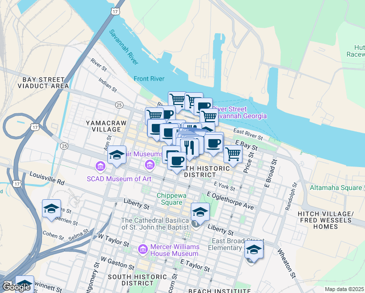 map of restaurants, bars, coffee shops, grocery stores, and more near 10 East Broughton Street in Savannah