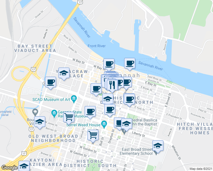 map of restaurants, bars, coffee shops, grocery stores, and more near 122 West Broughton Street in Savannah