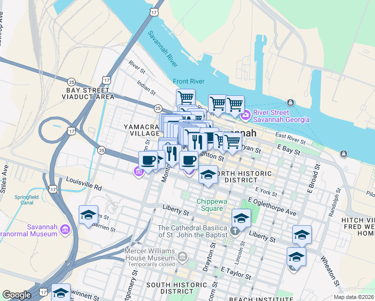 map of restaurants, bars, coffee shops, grocery stores, and more near 132 Montgomery Street in Savannah