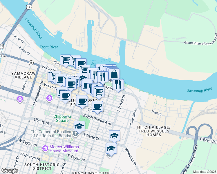 map of restaurants, bars, coffee shops, grocery stores, and more near East Bay Street in Savannah