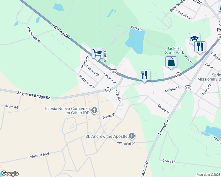 map of restaurants, bars, coffee shops, grocery stores, and more near 164 Shepards Bridge Road in Reidsville