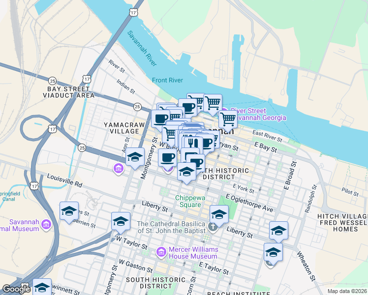 map of restaurants, bars, coffee shops, grocery stores, and more near 22 West Broughton Street in Savannah