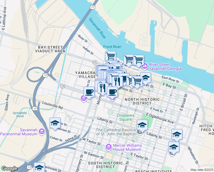 map of restaurants, bars, coffee shops, grocery stores, and more near 132 Montgomery Street in Savannah