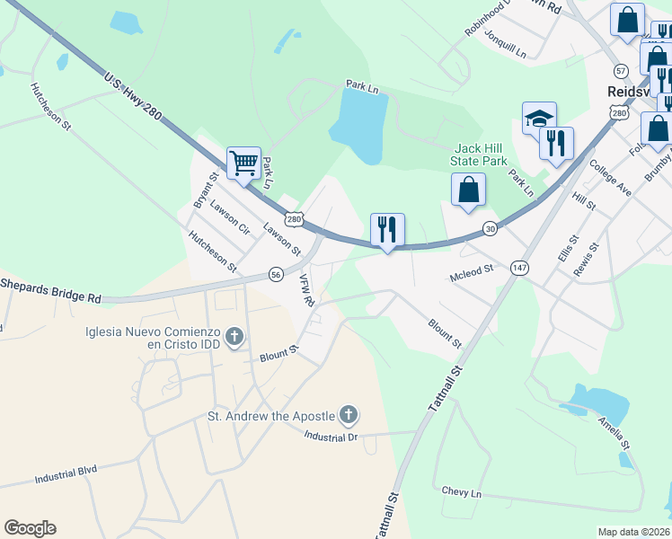 map of restaurants, bars, coffee shops, grocery stores, and more near 129 Georgia 56 in Reidsville