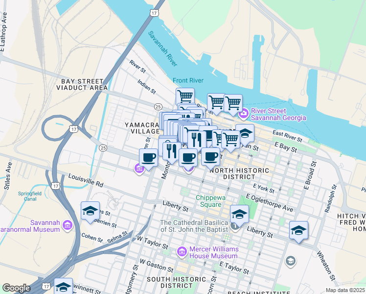 map of restaurants, bars, coffee shops, grocery stores, and more near 132 Montgomery Street in Savannah