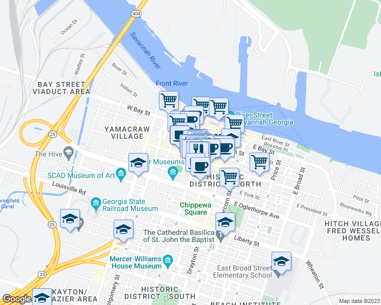 map of restaurants, bars, coffee shops, grocery stores, and more near 25 West Broughton Street in Savannah