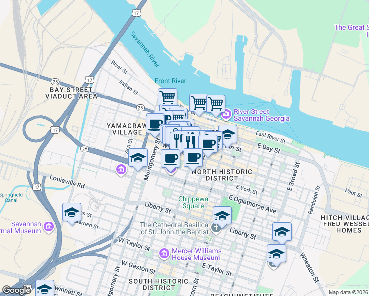 map of restaurants, bars, coffee shops, grocery stores, and more near 16 Barnard Street in Savannah