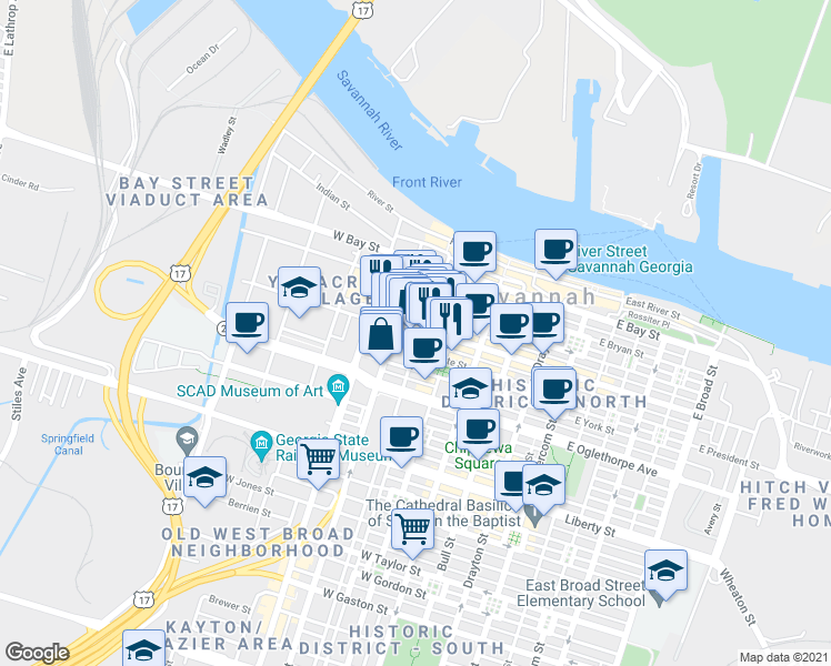 map of restaurants, bars, coffee shops, grocery stores, and more near 132 Montgomery Street in Savannah