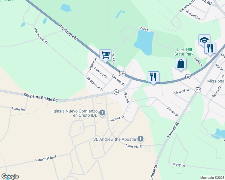 map of restaurants, bars, coffee shops, grocery stores, and more near 164 Shepards Bridge Road in Reidsville